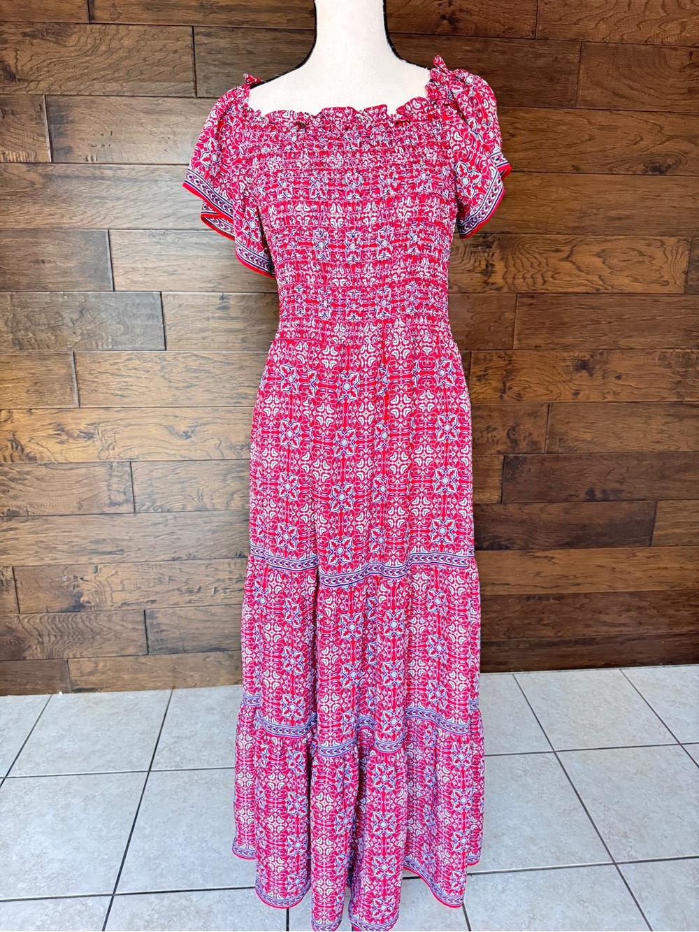Max Studio Pink Printed Smocked Maxi Dress